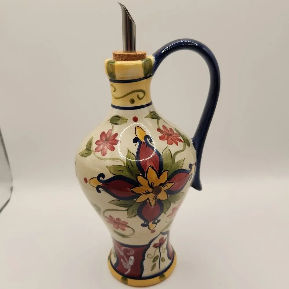 Pier 1 Oil Jar & Drizzle Spout Hand Painted Earthenware